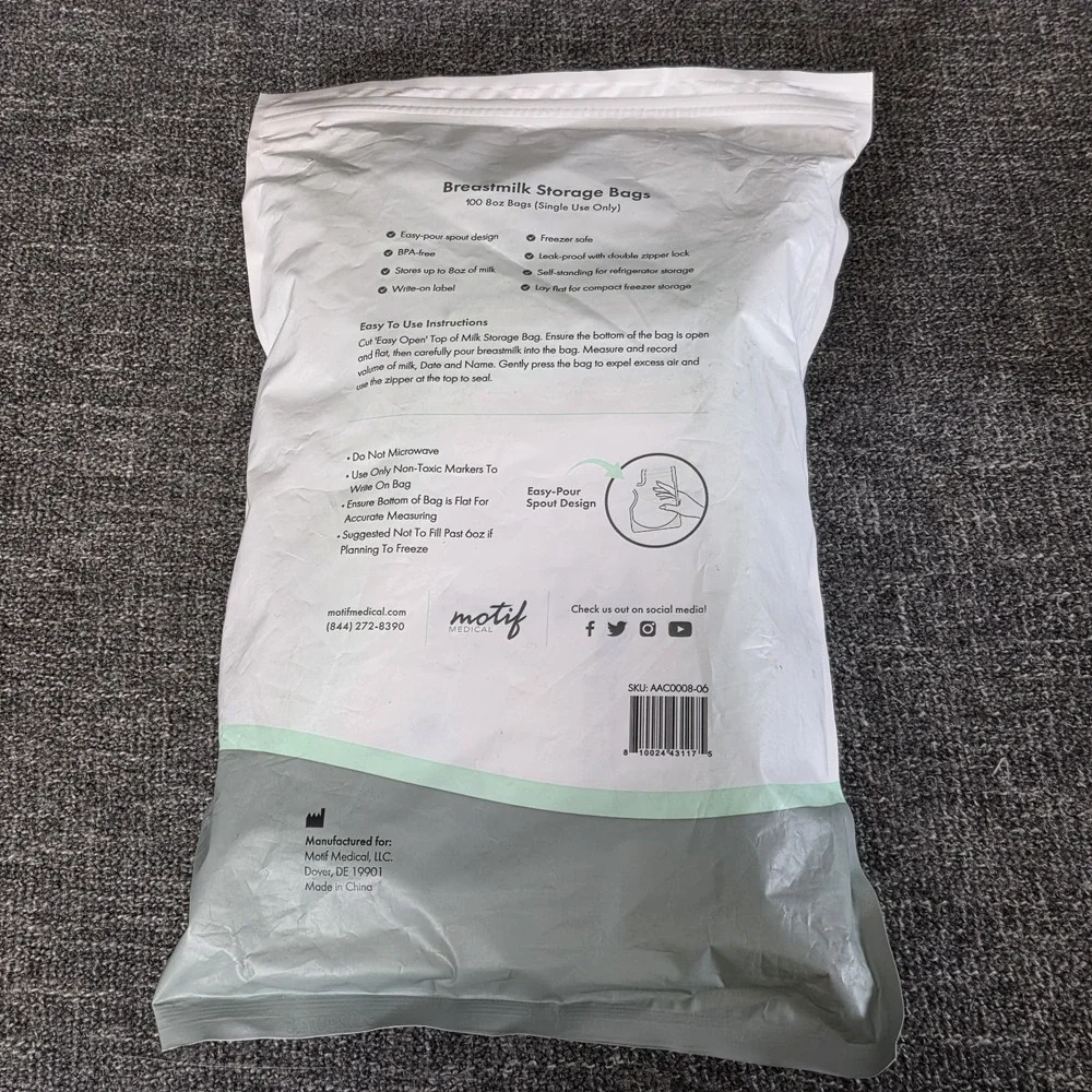 Motif Medical Breastmilk Storage Bags 8oz Single Use Bags 100 count Freezer Safe